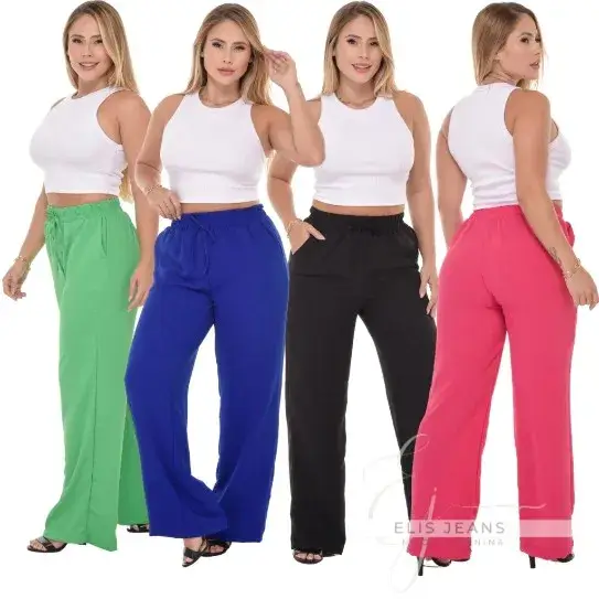 4 cores de calça Calça Pantalona Feminina Cintura Alta Com Bolso Tecido Duna