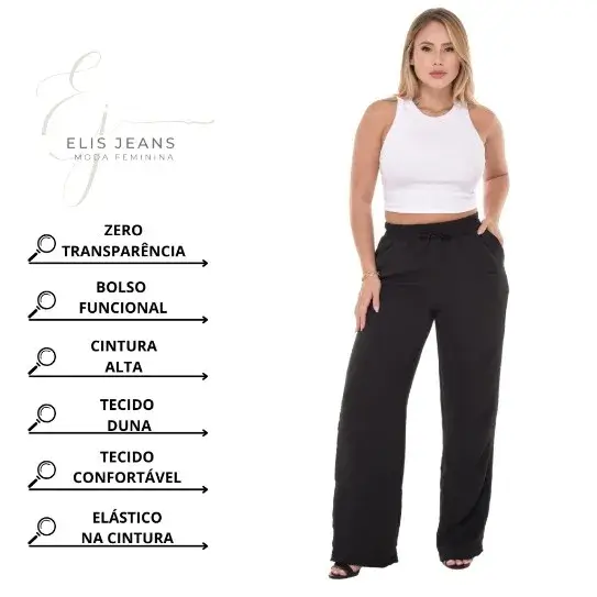 medidas da Calça Pantalona Feminina Cintura Alta Com Bolso Tecido Duna