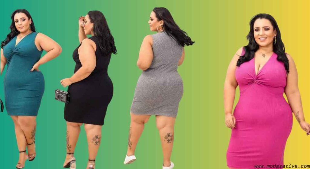 Quatro cores de Vestido Midi Canelado Plus Size