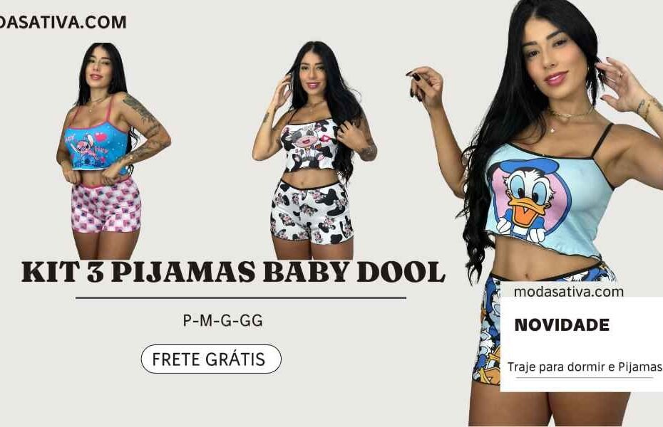 Kit 3 pijamas baby dool sortidos SUEDE personagem