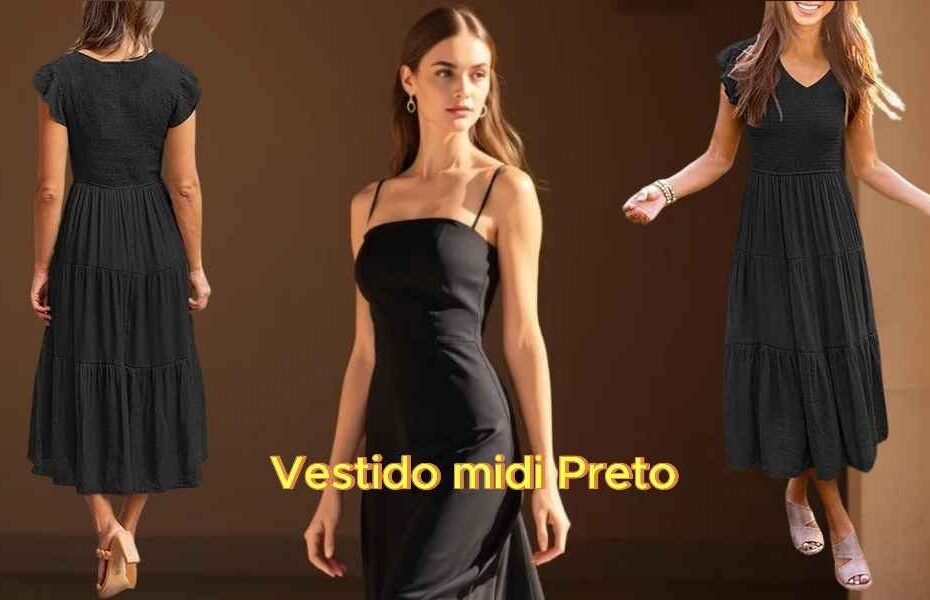 Vestido midi preto frete e verso.