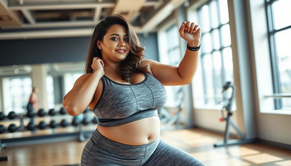 Mulhe gordinha sexy na acaemia treinando com um Looks Fitness para Plus Size.